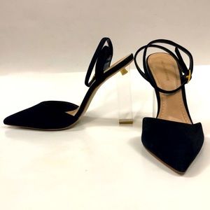 Saks Fifth Ave 7M Clear Acrylic Heels Black Nubuck Suede & Adjustable Gold Strap